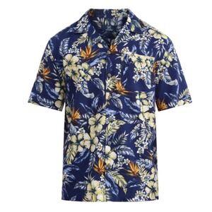 George Mens Blue Hawaiian Tropical Floral Short sleeve button up shirt Large NWT